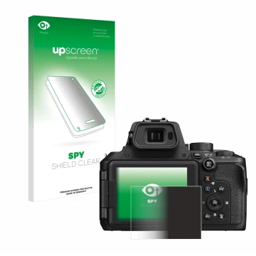 Parte frontal de un envase de producto con el logotipo de la marca upscreen. Al lado se muestra el dispositivo Nikon Coolpix P