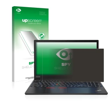 Parte frontal de un envase de producto con el logotipo de la marca upscreen. Al lado se muestra el dispositivo Lenovo ThinkPad