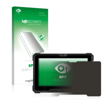 Parte frontal de un envase de producto con el logotipo de la marca upscreen. Al lado se muestra el dispositivo Dell Latitude 7