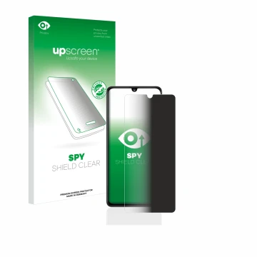 Parte frontal de un envase de producto con el logotipo de la marca upscreen. Al lado se muestra el dispositivo Samsung Galaxy 