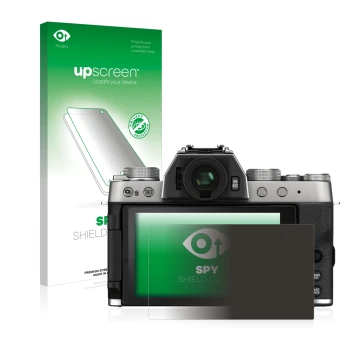 Parte frontal de un envase de producto con el logotipo de la marca upscreen. Al lado se muestra el dispositivo Fujifilm X-T200