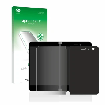 Parte frontal de un envase de producto con el logotipo de la marca upscreen. Al lado se muestra el dispositivo Microsoft Surfa