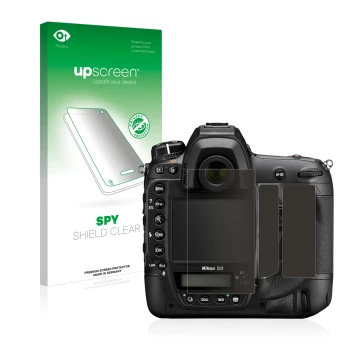 Parte frontal de un envase de producto con el logotipo de la marca upscreen. Al lado se muestra el dispositivo Nikon D6 con su