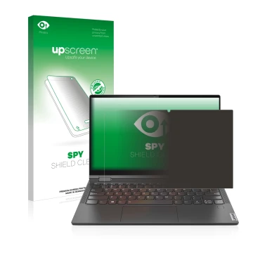 Parte frontal de un envase de producto con el logotipo de la marca upscreen. Al lado se muestra el dispositivo Lenovo Yoga C64