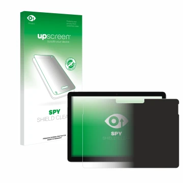 Parte frontal de un envase de producto con el logotipo de la marca upscreen. Al lado se muestra el dispositivo Microsoft Surfa