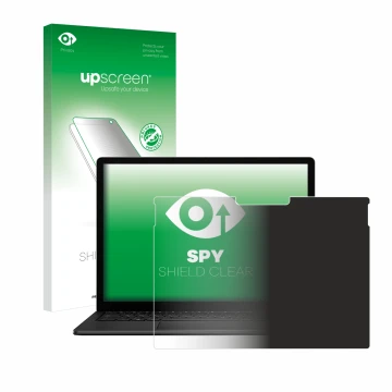 Parte frontal de un envase de producto con el logotipo de la marca upscreen. Al lado se muestra el dispositivo Microsoft Surfa