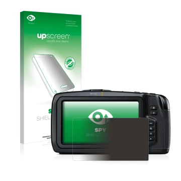 Parte frontal de un envase de producto con el logotipo de la marca upscreen. Al lado se muestra el dispositivo Blackmagic Pock