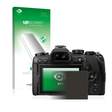 Parte frontal de un envase de producto con el logotipo de la marca upscreen. Al lado se muestra el dispositivo Olympus OM-D E-