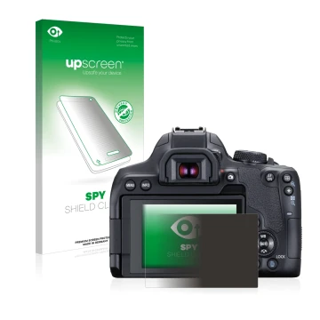 Parte frontal de un envase de producto con el logotipo de la marca upscreen. Al lado se muestra el dispositivo Canon EOS 850D 