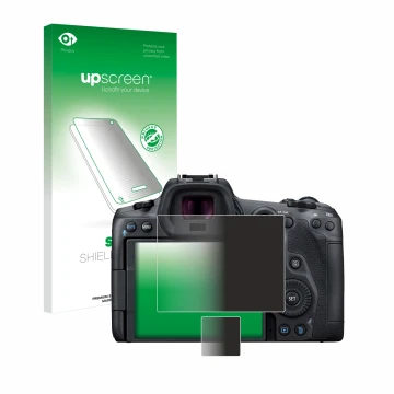 Parte frontal de un envase de producto con el logotipo de la marca upscreen. Al lado se muestra el dispositivo Canon EOS R5 co