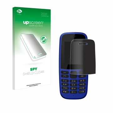 Parte frontal de un envase de producto con el logotipo de la marca upscreen. Al lado se muestra el dispositivo Nokia 105 DS 20