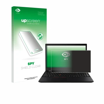 Parte frontal de un envase de producto con el logotipo de la marca upscreen. Al lado se muestra el dispositivo Lenovo ThinkPad