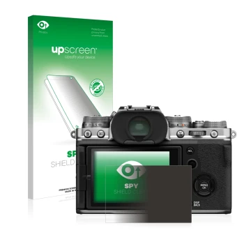 Parte frontal de un envase de producto con el logotipo de la marca upscreen. Al lado se muestra el dispositivo Fujifilm X-T4 c