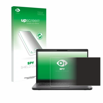 Parte frontal de un envase de producto con el logotipo de la marca upscreen. Al lado se muestra el dispositivo Dell Latitude 5