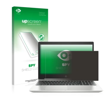 Parte frontal de un envase de producto con el logotipo de la marca upscreen. Al lado se muestra el dispositivo HP ProBook 450 