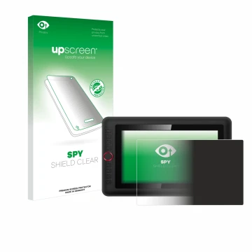 Parte frontal de un envase de producto con el logotipo de la marca upscreen. Al lado se muestra el dispositivo XP-Pen Artist 1