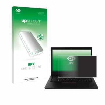 Parte frontal de un envase de producto con el logotipo de la marca upscreen. Al lado se muestra el dispositivo Lenovo ThinkPad