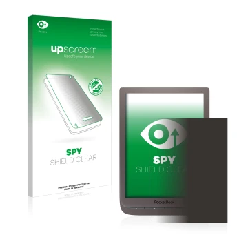 Parte frontal de un envase de producto con el logotipo de la marca upscreen. Al lado se muestra el dispositivo PocketBook InkP