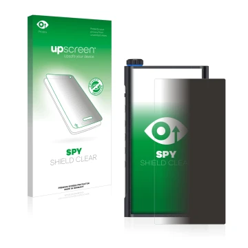 Parte frontal de un envase de producto con el logotipo de la marca upscreen. Al lado se muestra el dispositivo FiiO M15 con su