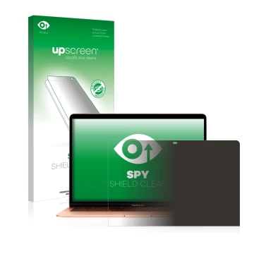 Parte frontal de un envase de producto con el logotipo de la marca upscreen. Al lado se muestra el dispositivo Apple MacBook A