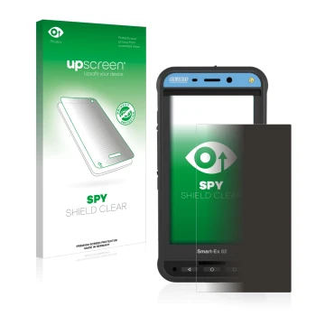 Parte frontal de un envase de producto con el logotipo de la marca upscreen. Al lado se muestra el dispositivo Ecom Smart-Ex 0
