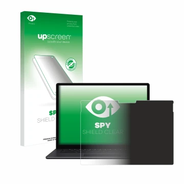 Parte frontal de un envase de producto con el logotipo de la marca upscreen. Al lado se muestra el dispositivo Microsoft Surfa