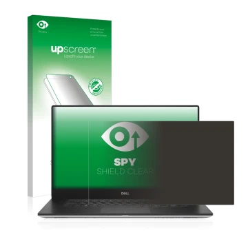 Parte frontal de un envase de producto con el logotipo de la marca upscreen. Al lado se muestra el dispositivo Dell Precision 