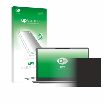 Parte frontal de un envase de producto con el logotipo de la marca upscreen. Al lado se muestra el dispositivo Dell Latitude 7