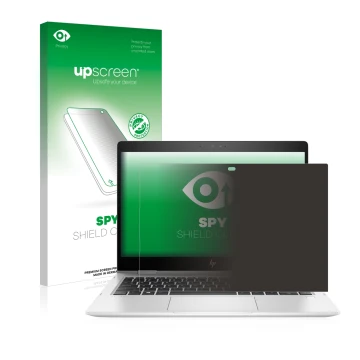 Parte frontal de un envase de producto con el logotipo de la marca upscreen. Al lado se muestra el dispositivo HP EliteBook x3