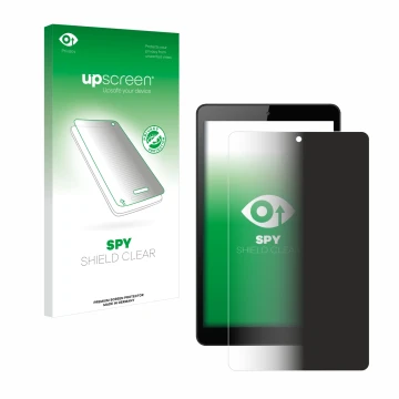 Parte frontal de un envase de producto con el logotipo de la marca upscreen. Al lado se muestra el dispositivo Huawei MediaPad