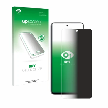 Parte frontal de un envase de producto con el logotipo de la marca upscreen. Al lado se muestra el dispositivo Samsung Galaxy 