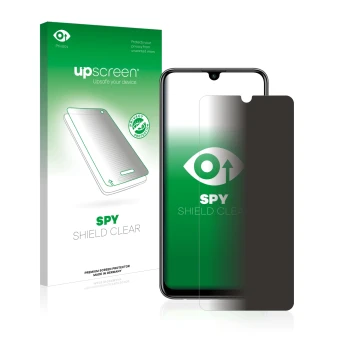 Parte frontal de un envase de producto con el logotipo de la marca upscreen. Al lado se muestra el dispositivo Huawei P smart 
