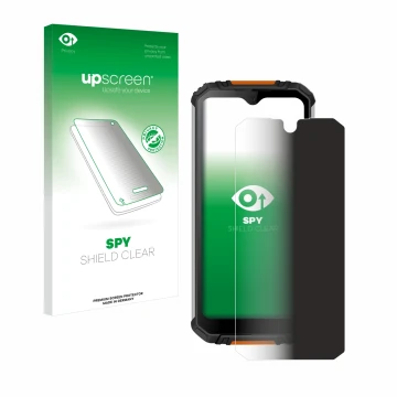 Parte frontal de un envase de producto con el logotipo de la marca upscreen. Al lado se muestra el dispositivo Oukitel WP6 con