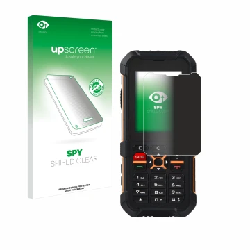 Parte frontal de un envase de producto con el logotipo de la marca upscreen. Al lado se muestra el dispositivo RugGear RG170 c