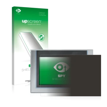 Parte frontal de un envase de producto con el logotipo de la marca upscreen. Al lado se muestra el dispositivo Siemens Simatic