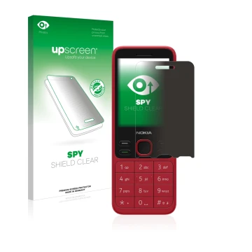 Parte frontal de un envase de producto con el logotipo de la marca upscreen. Al lado se muestra el dispositivo Nokia 150 2020 