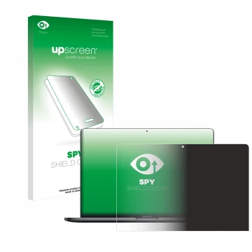 Parte frontal de un envase de producto con el logotipo de la marca upscreen. Al lado se muestra el dispositivo Apple MacBook P