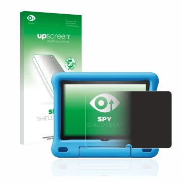 Parte frontal de un envase de producto con el logotipo de la marca upscreen. Al lado se muestra el dispositivo Amazon Fire HD 