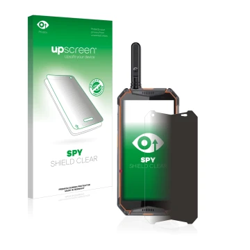 Parte frontal de un envase de producto con el logotipo de la marca upscreen. Al lado se muestra el dispositivo Ulefone Armor 3