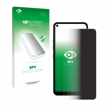 Parte frontal de un envase de producto con el logotipo de la marca upscreen. Al lado se muestra el dispositivo LG K61S con su 