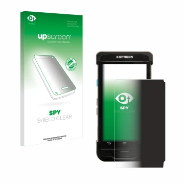 Parte frontal de un envase de producto con el logotipo de la marca upscreen. Al lado se muestra el dispositivo Opticon H-31 co