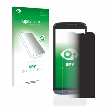 Parte frontal de un envase de producto con el logotipo de la marca upscreen. Al lado se muestra el dispositivo Doro 8050 con s