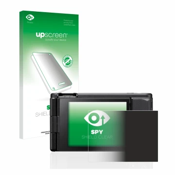Parte frontal de un envase de producto con el logotipo de la marca upscreen. Al lado se muestra el dispositivo Sony ZV-1 con s