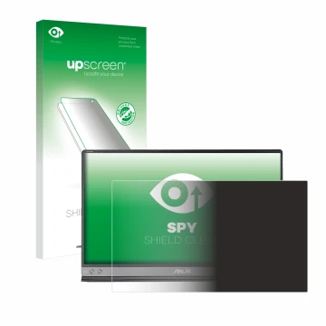 Parte frontal de un envase de producto con el logotipo de la marca upscreen. Al lado se muestra el dispositivo ASUS ZenScreen 