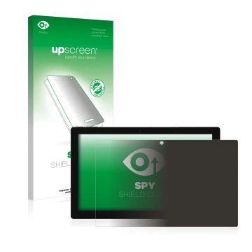 Parte frontal de un envase de producto con el logotipo de la marca upscreen. Al lado se muestra el dispositivo Chuwi UBook 11.