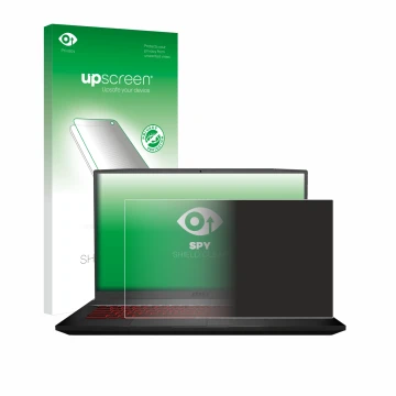 Parte frontal de un envase de producto con el logotipo de la marca upscreen. Al lado se muestra el dispositivo MSI GF75 10SDR-
