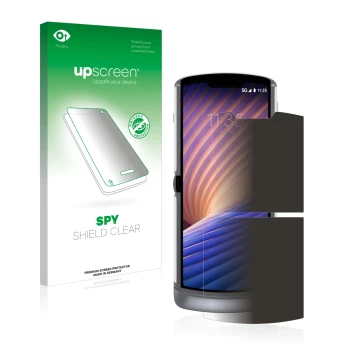 Parte frontal de un envase de producto con el logotipo de la marca upscreen. Al lado se muestra el dispositivo Motorola Razr 5