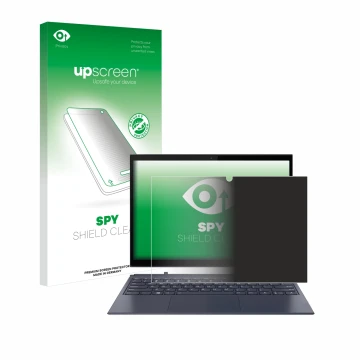 Parte frontal de un envase de producto con el logotipo de la marca upscreen. Al lado se muestra el dispositivo Lenovo Yoga Due