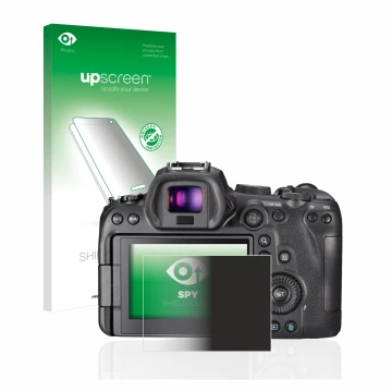Parte frontal de un envase de producto con el logotipo de la marca upscreen. Al lado se muestra el dispositivo Canon EOS R6 co