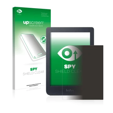 Parte frontal de un envase de producto con el logotipo de la marca upscreen. Al lado se muestra el dispositivo Kobo Nia con su